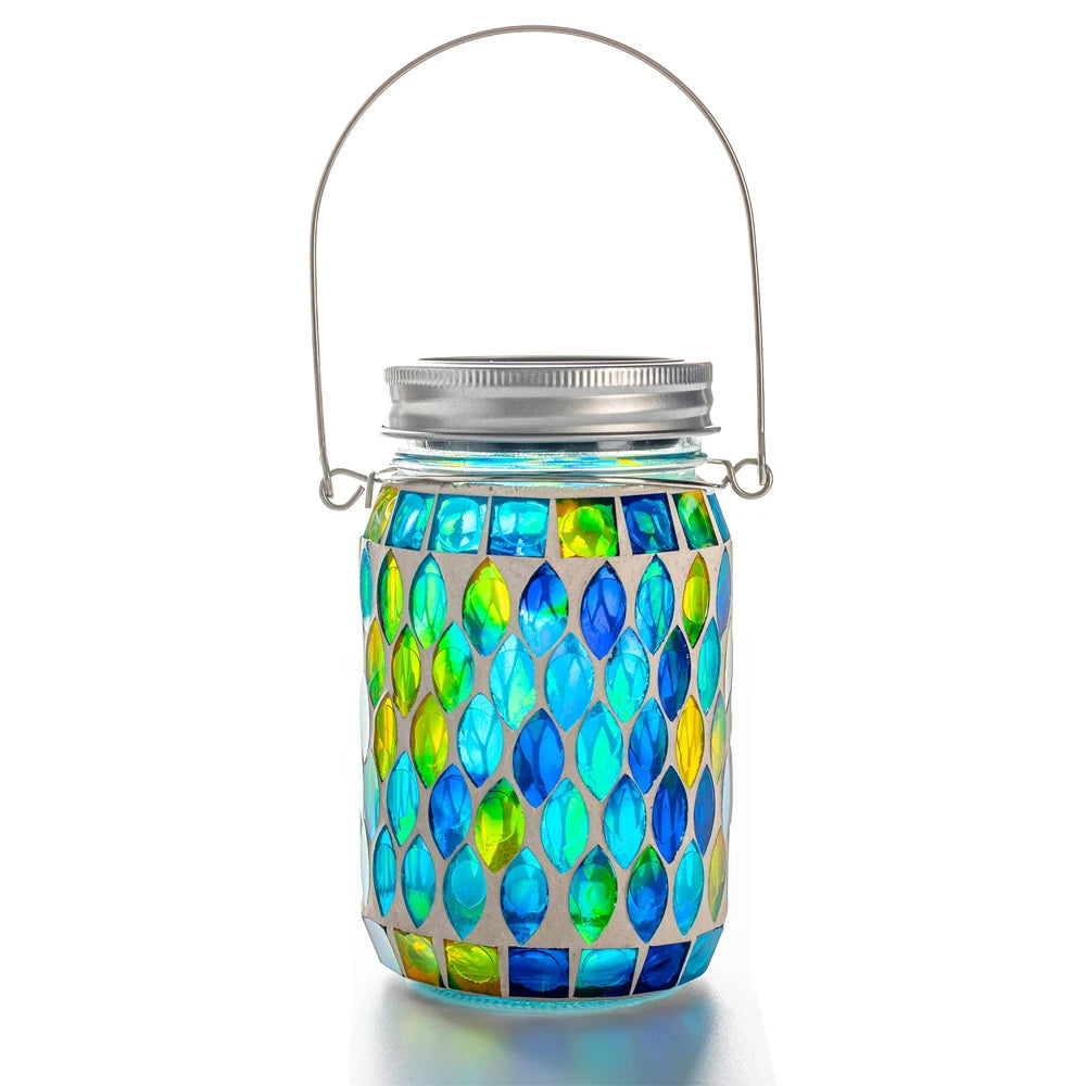 Solar Mosaic Lantern Hanging Mason Jar Glass Lights Outdoor Waterproof Table Lamp Decoration for Garden Patio Party Yard Balcony-12