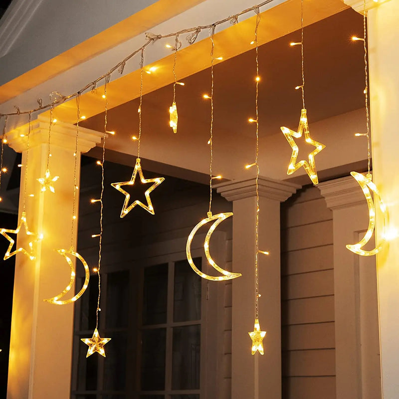 3.5M LED Star&Moon Curtain String Light Solar/ Battery Operated Hanging Fairy Garland With 8 Flashing Modes-4