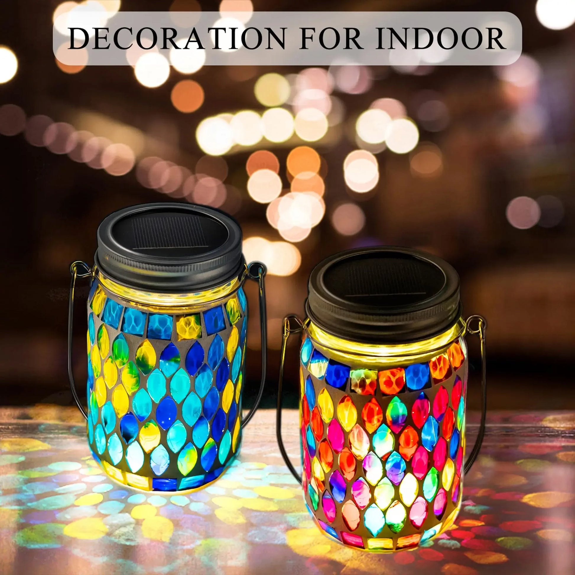 Solar Mosaic Lantern Hanging Mason Jar Glass Lights Outdoor Waterproof Table Lamp Decoration for Garden Patio Party Yard Balcony-5