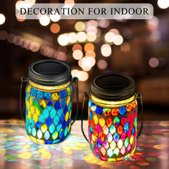 Solar Mosaic Lantern Hanging Mason Jar Glass Lights Outdoor Waterproof Table Lamp Decoration for Garden Patio Party Yard Balcony-5