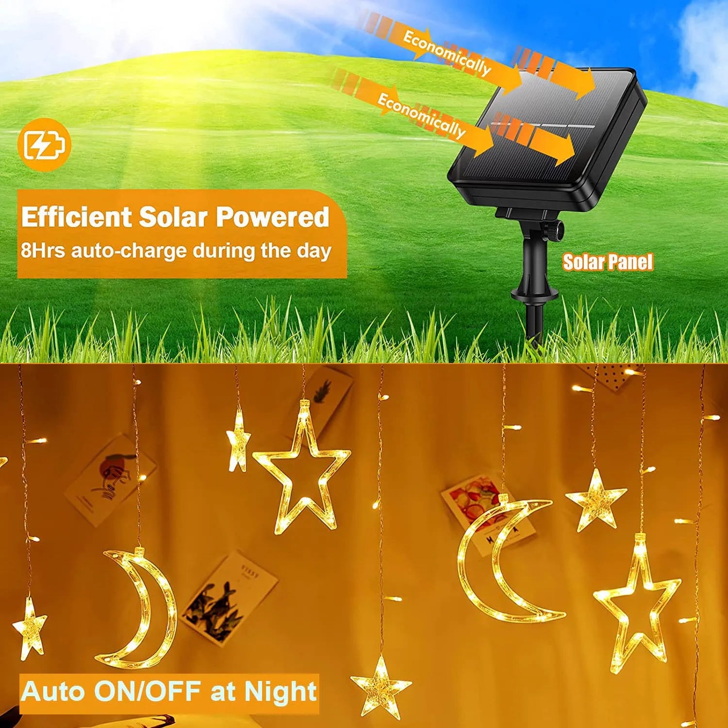 3.5M LED Star&Moon Curtain String Light Solar/ Battery Operated Hanging Fairy Garland With 8 Flashing Modes-7