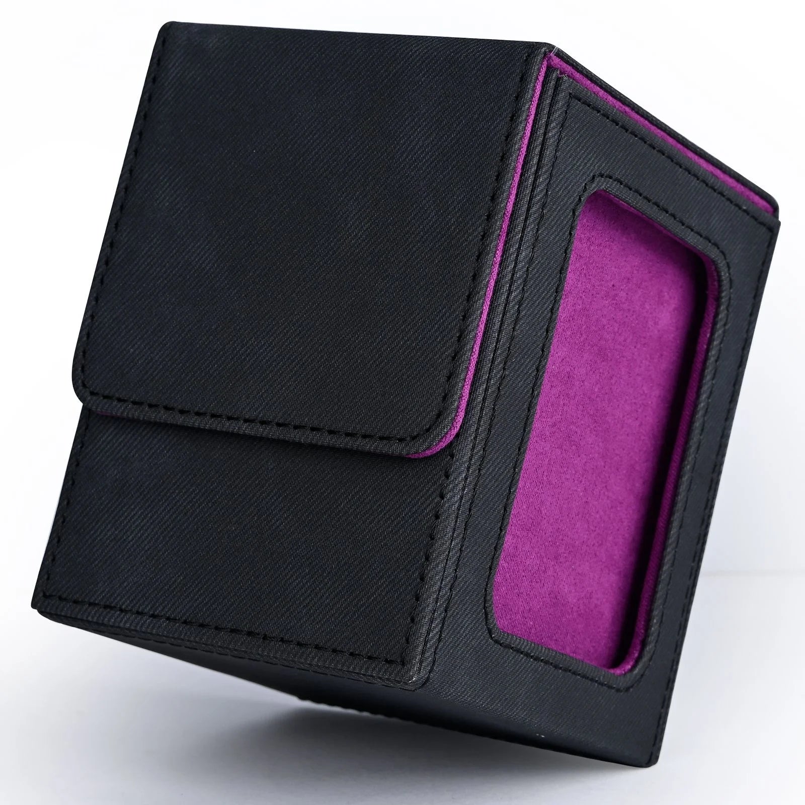 Card Deck Box with Display Window, Holds 120+ Single Sleeved Cards, PU Leather Denim Card Box for TCG-7