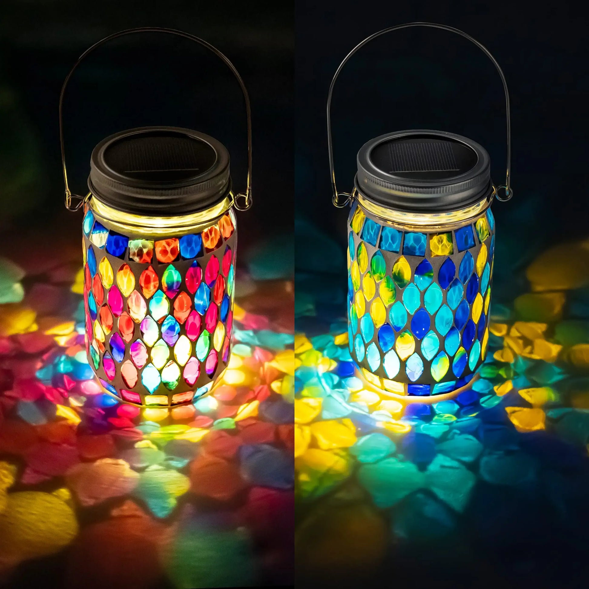 Solar Mosaic Lantern Hanging Mason Jar Glass Lights Outdoor Waterproof Table Lamp Decoration for Garden Patio Party Yard Balcony-1