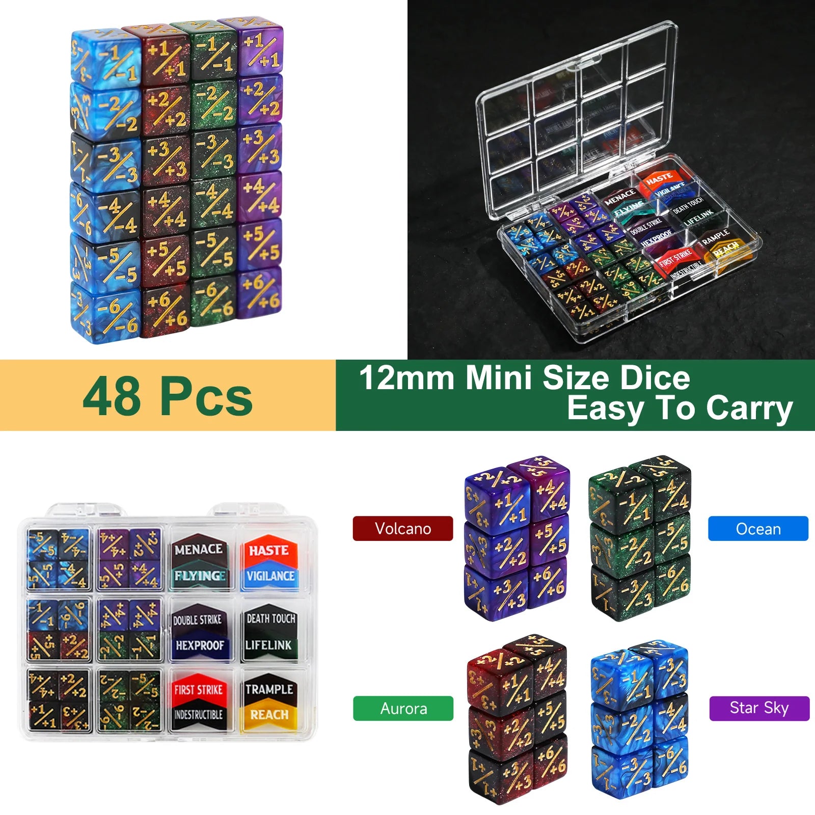 MTG Counter Dice Set Ability Keywords Creature Stats +1/+1 & -1/-1 Tokens 12mm For Wargaming 40k, MTG, Pokémon TCG, D&D-3