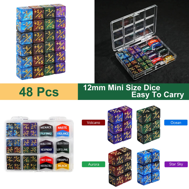MTG Counter Dice Set Ability Keywords Creature Stats +1/+1 & -1/-1 Tokens 12mm For Wargaming 40k, MTG, Pokémon TCG, D&D-3