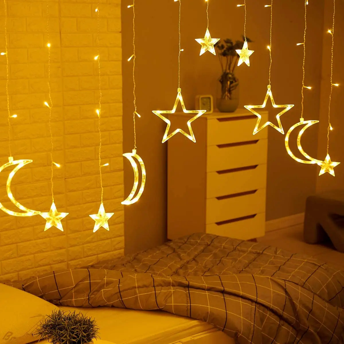 3.5M LED Star&Moon Curtain String Light Solar/ Battery Operated Hanging Fairy Garland With 8 Flashing Modes-3