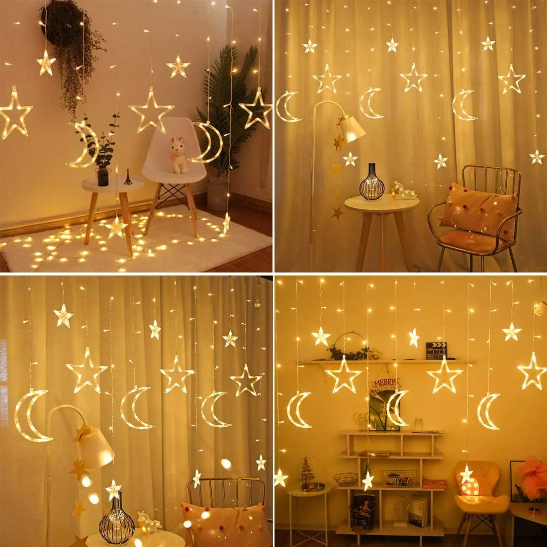 3.5M LED Star&Moon Curtain String Light Solar/ Battery Operated Hanging Fairy Garland With 8 Flashing Modes-6