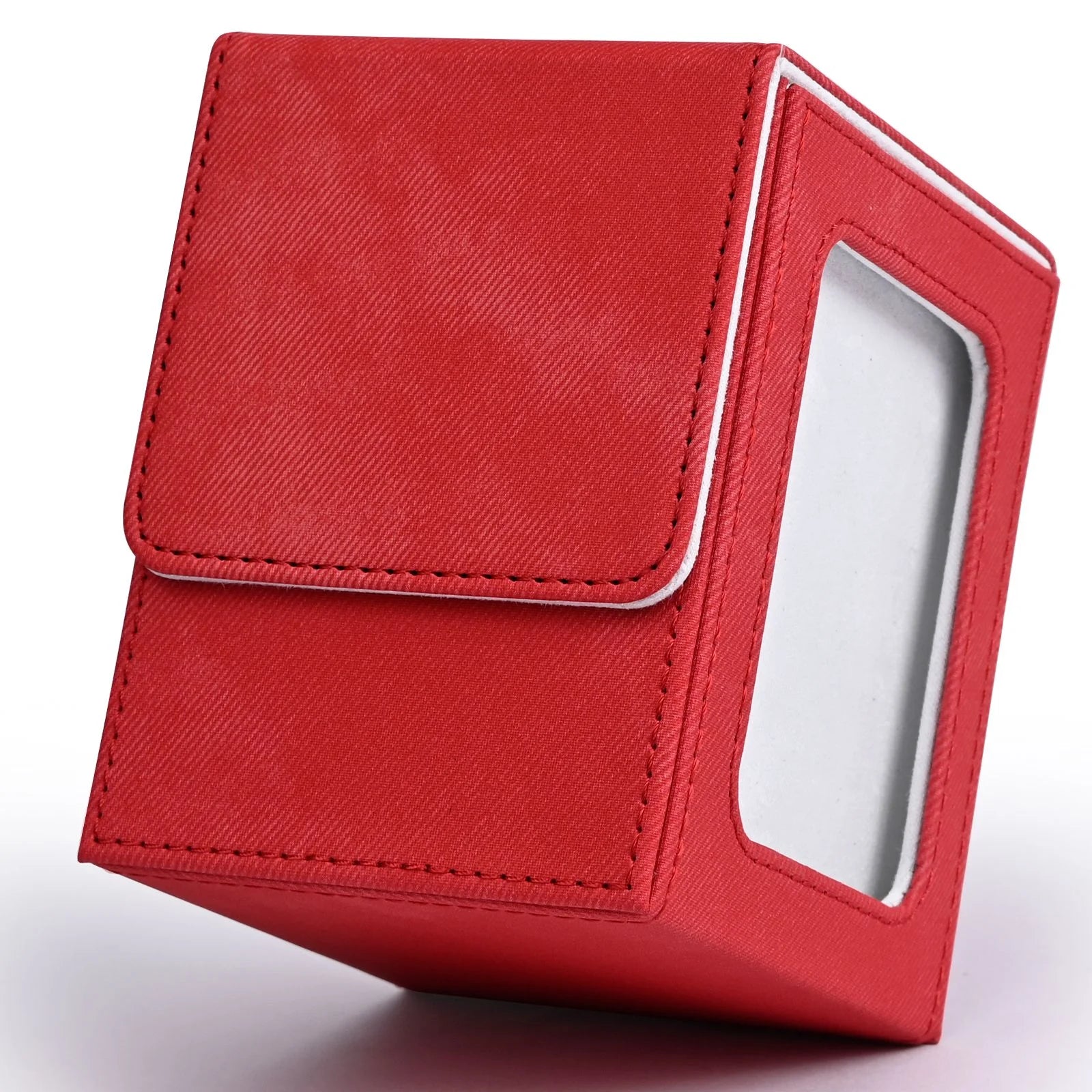 Card Deck Box with Display Window, Holds 120+ Single Sleeved Cards, PU Leather Denim Card Box for TCG-1
