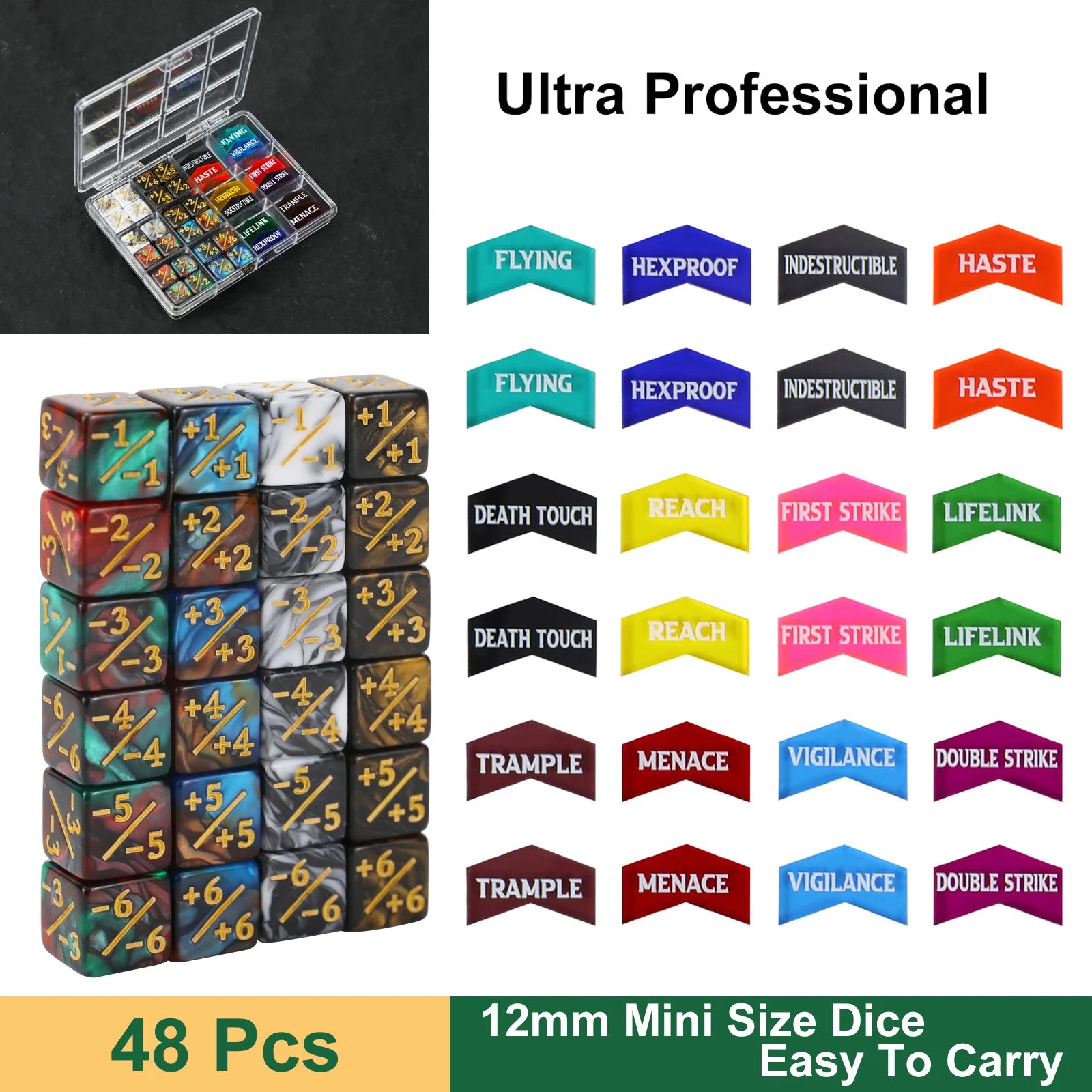 MTG Counter Dice Set Ability Keywords Creature Stats +1/+1 & -1/-1 Tokens 12mm For Wargaming 40k, MTG, Pokémon TCG, D&D-4