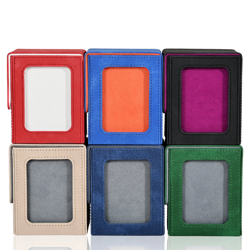 Card Deck Box with Display Window, Holds 120+ Single Sleeved Cards, PU Leather Denim Card Box for TCG-2