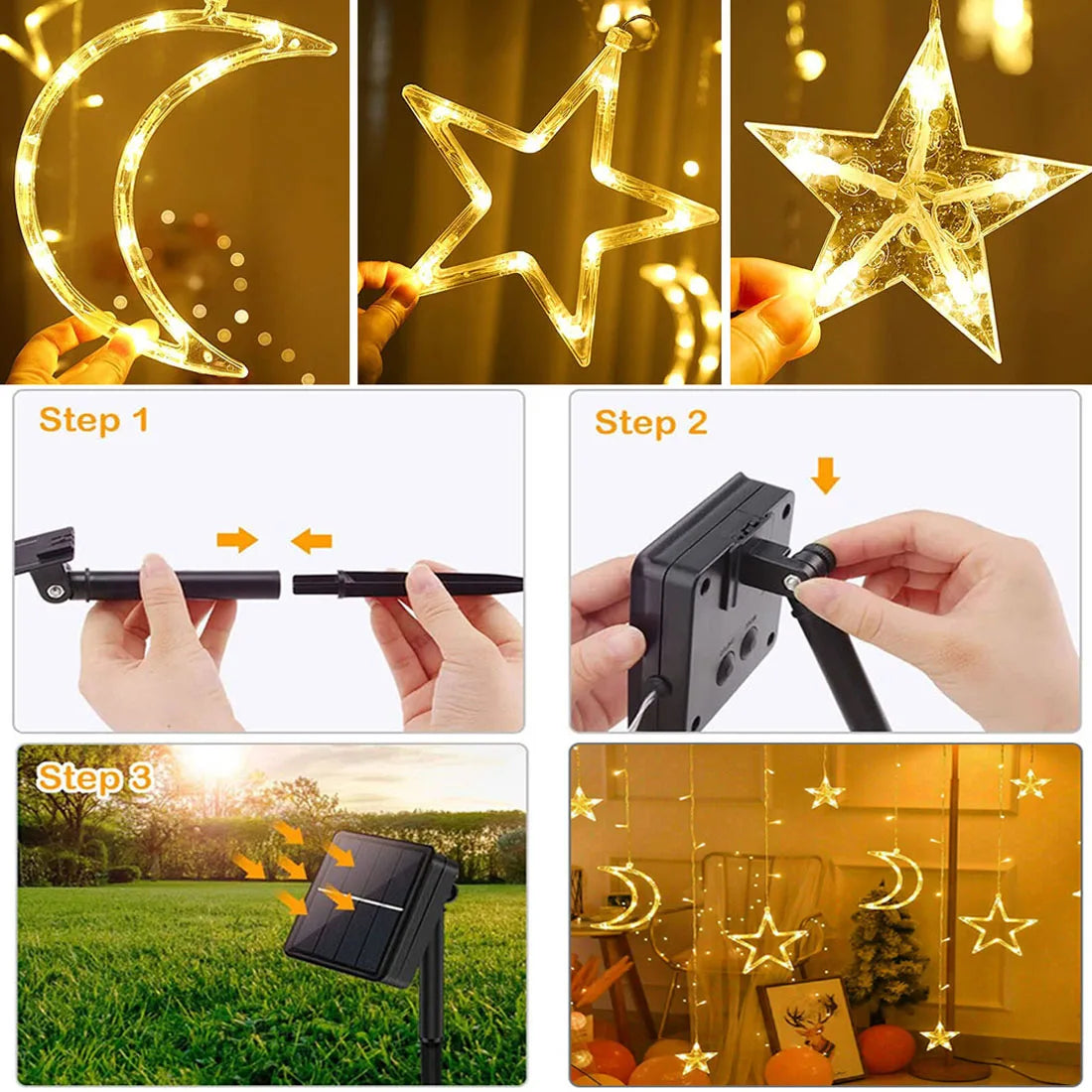 3.5M LED Star&Moon Curtain String Light Solar/ Battery Operated Hanging Fairy Garland With 8 Flashing Modes-15