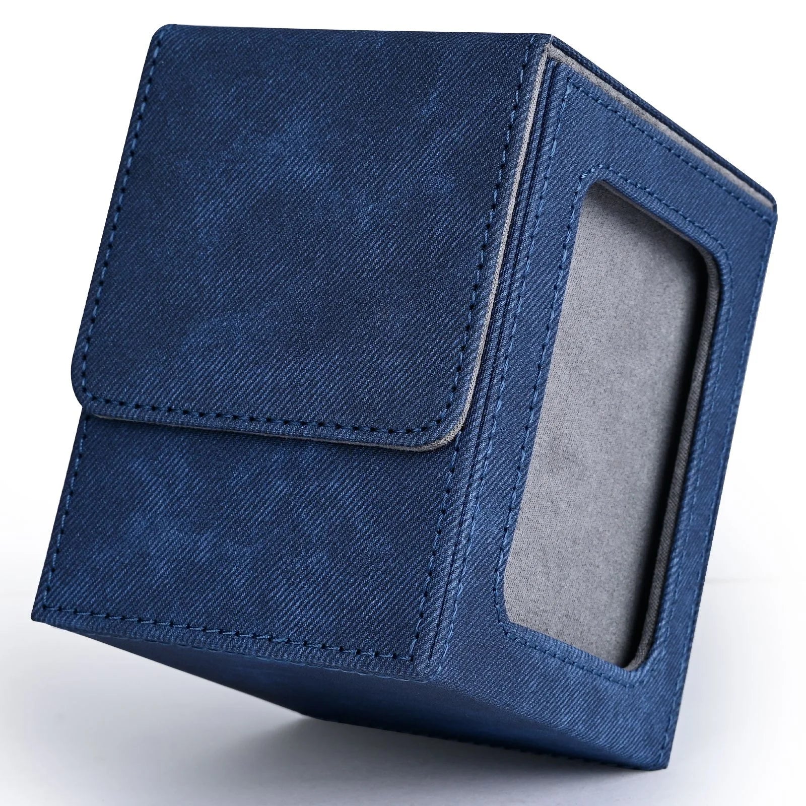 Card Deck Box with Display Window, Holds 120+ Single Sleeved Cards, PU Leather Denim Card Box for TCG-8