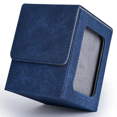 Card Deck Box with Display Window, Holds 120+ Single Sleeved Cards, PU Leather Denim Card Box for TCG-8