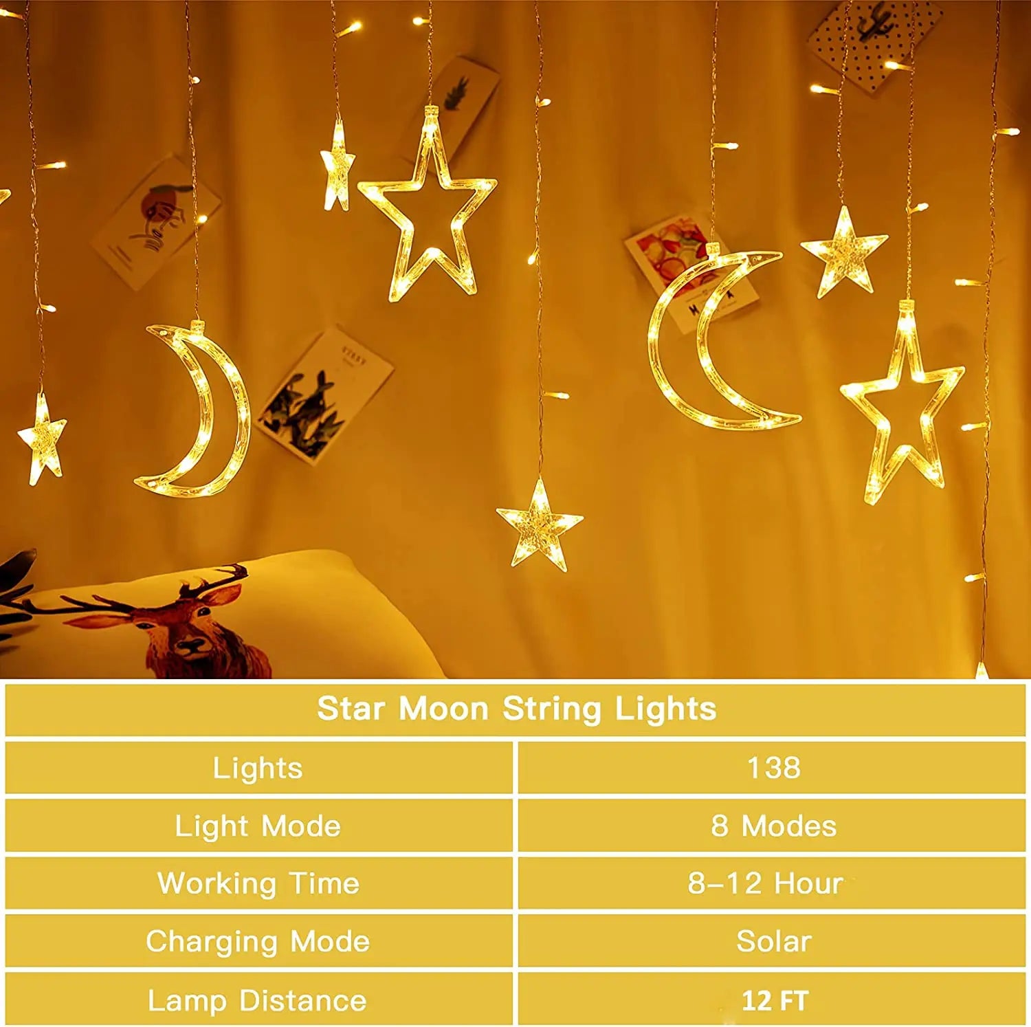 3.5M LED Star&Moon Curtain String Light Solar/ Battery Operated Hanging Fairy Garland With 8 Flashing Modes-13