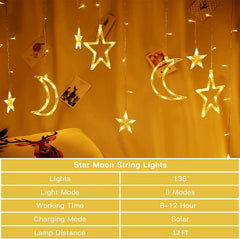 3.5M LED Star&Moon Curtain String Light Solar/ Battery Operated Hanging Fairy Garland With 8 Flashing Modes-13