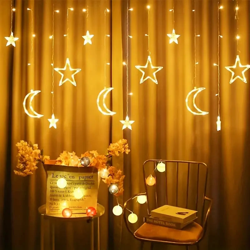 3.5M LED Star&Moon Curtain String Light Solar/ Battery Operated Hanging Fairy Garland With 8 Flashing Modes-11