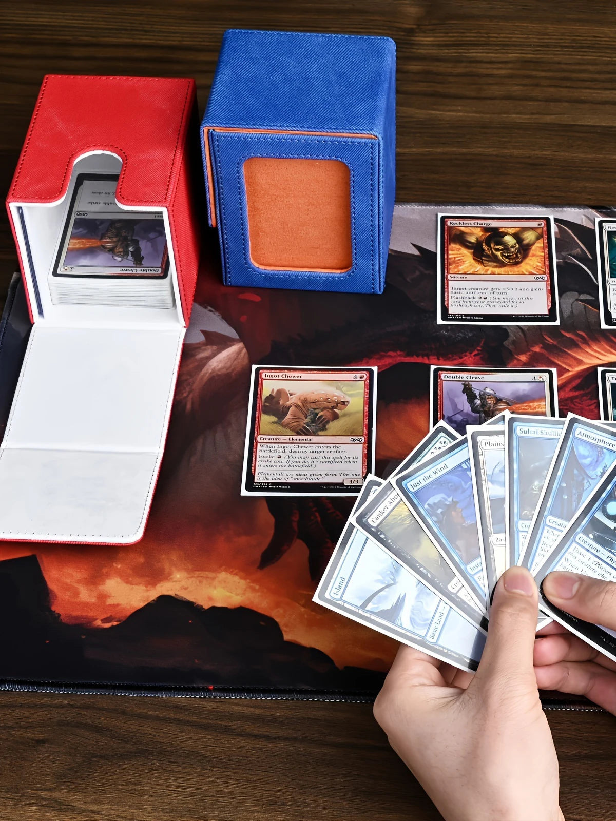 Card Deck Box with Display Window, Holds 120+ Single Sleeved Cards, PU Leather Denim Card Box for TCG-6