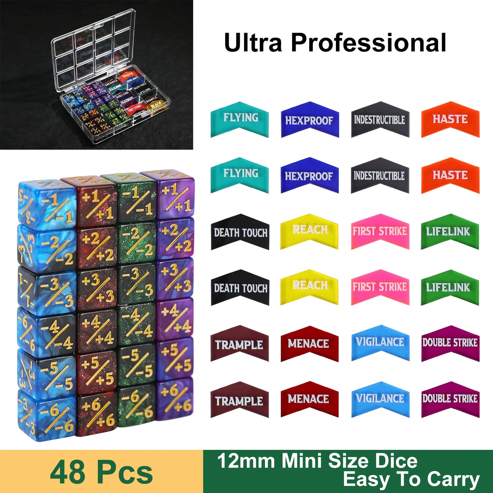 MTG Counter Dice Set Ability Keywords Creature Stats +1/+1 & -1/-1 Tokens 12mm For Wargaming 40k, MTG, Pokémon TCG, D&D-6