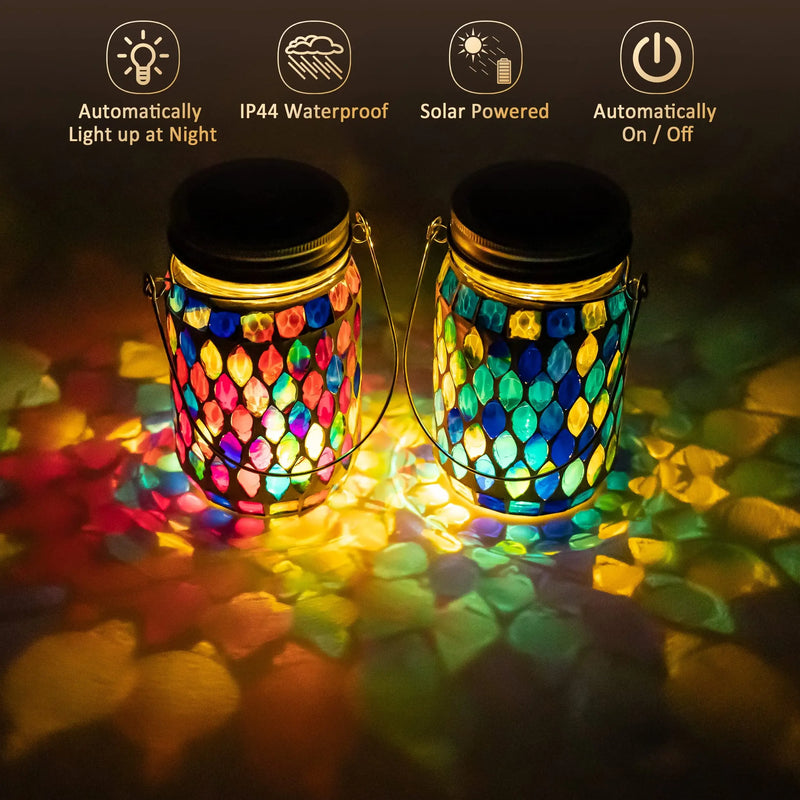 Solar Mosaic Lantern Hanging Mason Jar Glass Lights Outdoor Waterproof Table Lamp Decoration for Garden Patio Party Yard Balcony-2