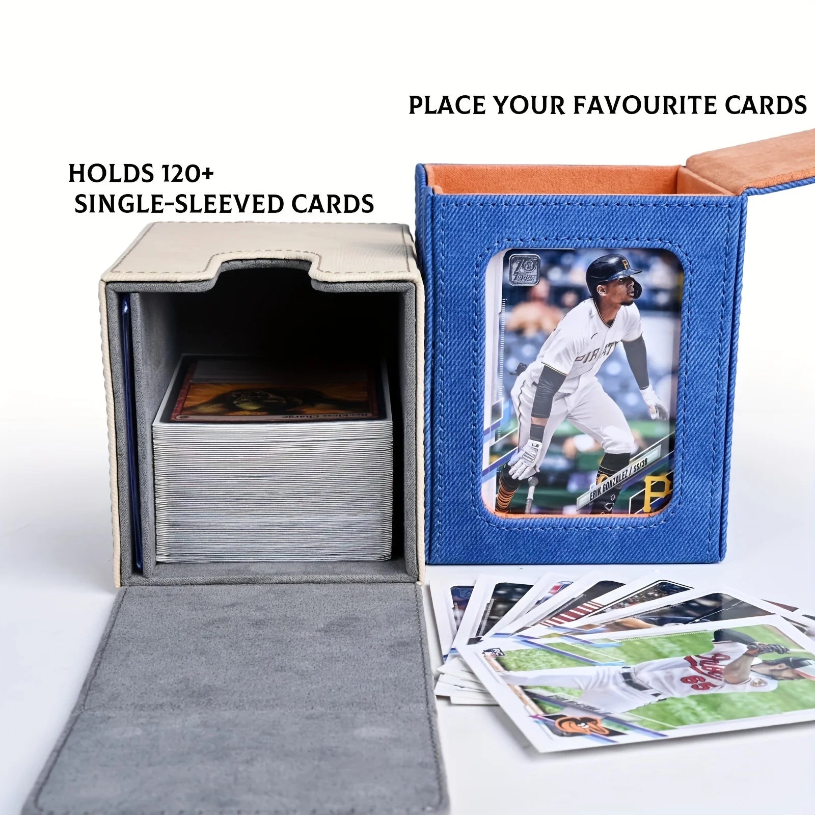 Card Deck Box with Display Window, Holds 120+ Single Sleeved Cards, PU Leather Denim Card Box for TCG-5
