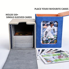Card Deck Box with Display Window, Holds 120+ Single Sleeved Cards, PU Leather Denim Card Box for TCG-5