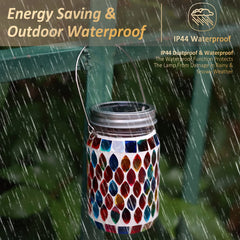 Solar Mosaic Lantern Hanging Mason Jar Glass Lights Outdoor Waterproof Table Lamp Decoration for Garden Patio Party Yard Balcony-3
