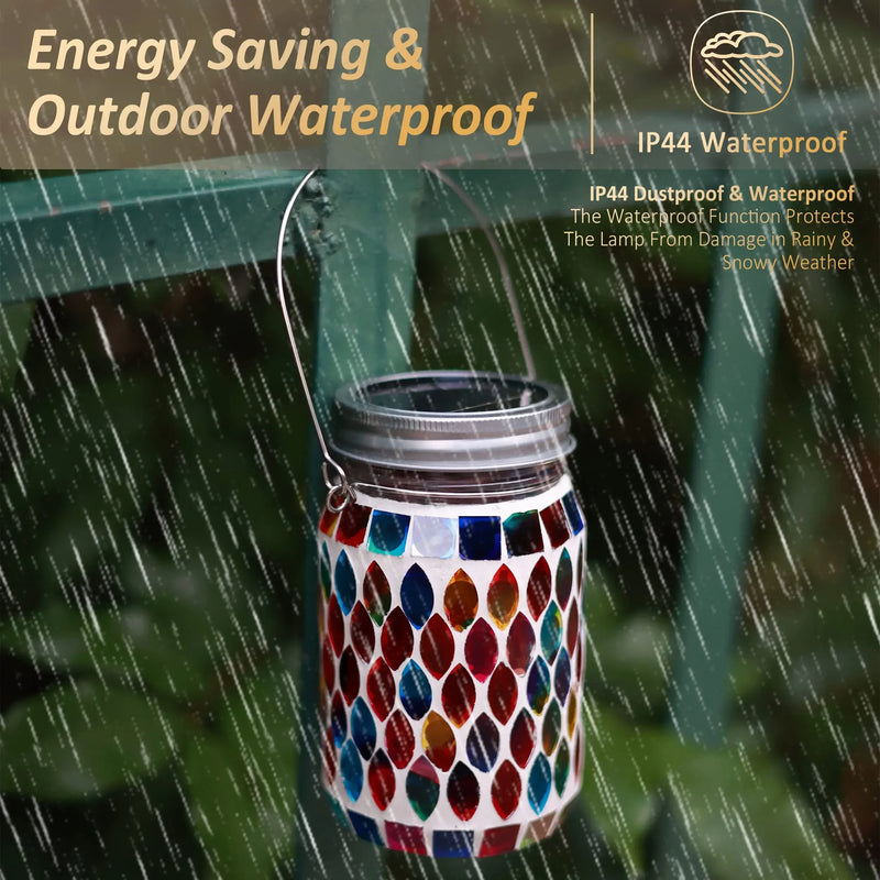 Solar Mosaic Lantern Hanging Mason Jar Glass Lights Outdoor Waterproof Table Lamp Decoration for Garden Patio Party Yard Balcony-3