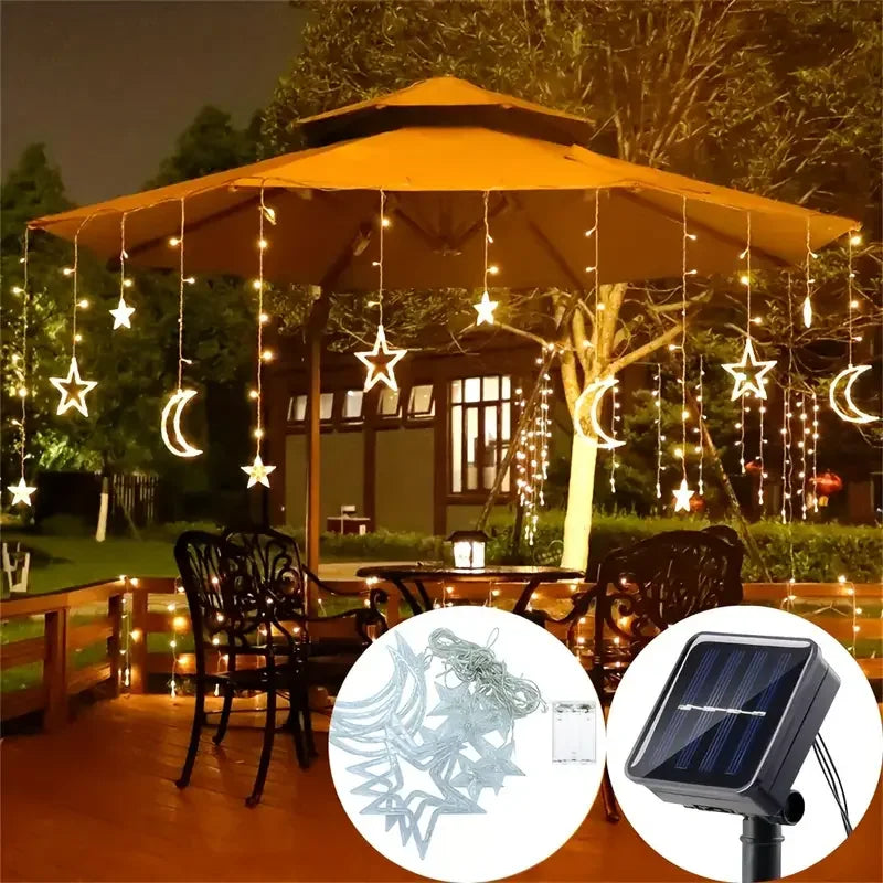 3.5M LED Star&Moon Curtain String Light Solar/ Battery Operated Hanging Fairy Garland With 8 Flashing Modes