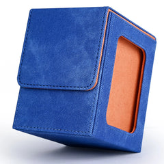 Card Deck Box with Display Window, Holds 120+ Single Sleeved Cards, PU Leather Denim Card Box for TCG-9