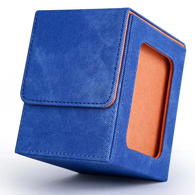 Card Deck Box with Display Window, Holds 120+ Single Sleeved Cards, PU Leather Denim Card Box for TCG-9