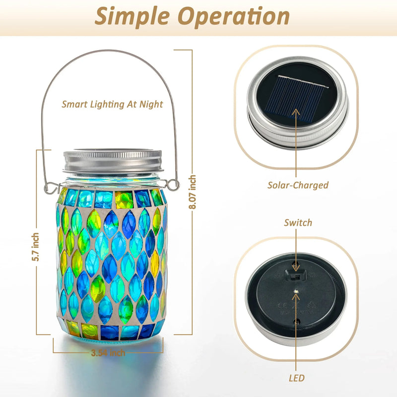 Solar Mosaic Lantern Hanging Mason Jar Glass Lights Outdoor Waterproof Table Lamp Decoration for Garden Patio Party Yard Balcony-4