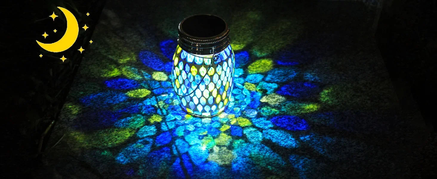 Solar Mosaic Lantern Hanging Mason Jar Glass Lights Outdoor Waterproof Table Lamp Decoration for Garden Patio Party Yard Balcony-7