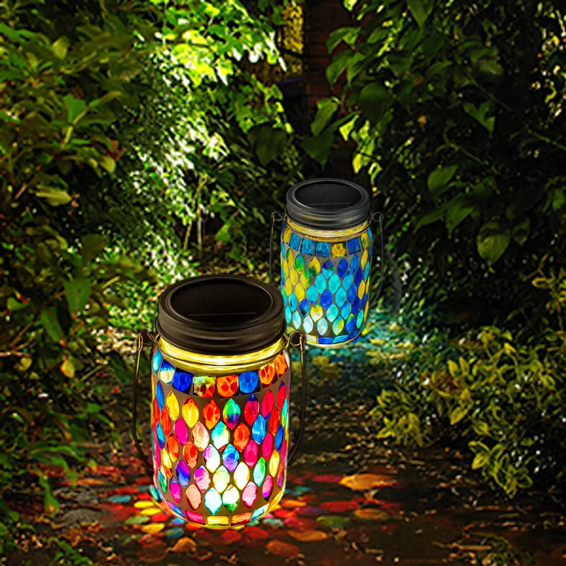 Solar Mosaic Lantern Hanging Mason Jar Glass Lights Outdoor Waterproof Table Lamp Decoration for Garden Patio Party Yard Balcony-6
