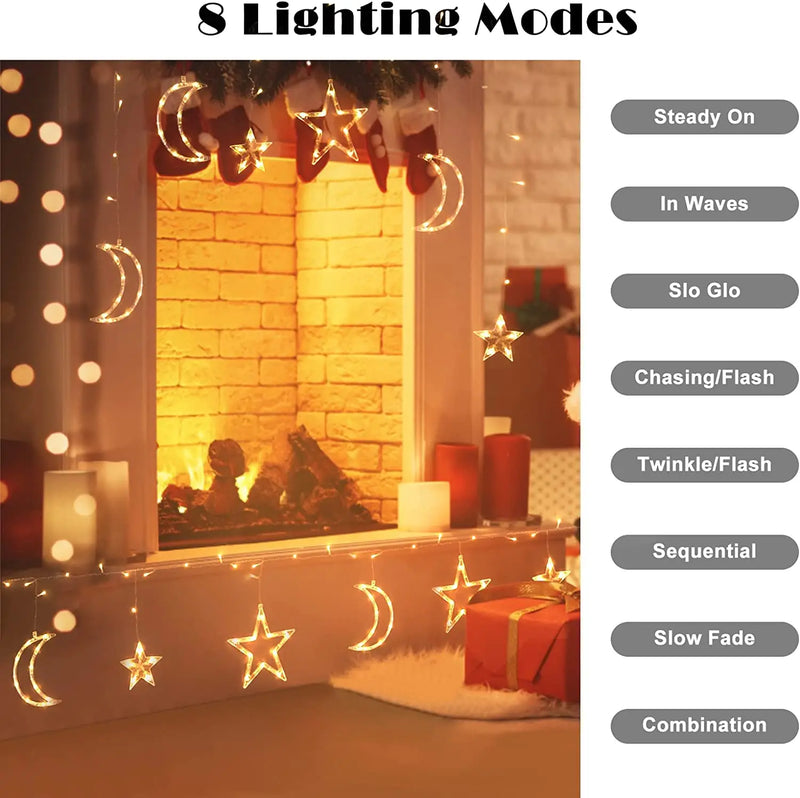 3.5M LED Star&Moon Curtain String Light Solar/ Battery Operated Hanging Fairy Garland With 8 Flashing Modes-14