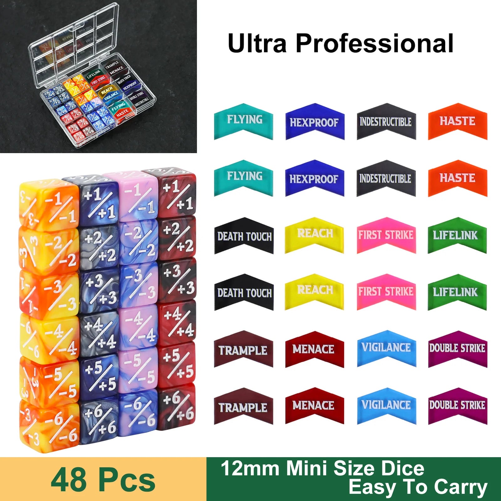 MTG Counter Dice Set Ability Keywords Creature Stats +1/+1 & -1/-1 Tokens 12mm For Wargaming 40k, MTG, Pokémon TCG, D&D-5