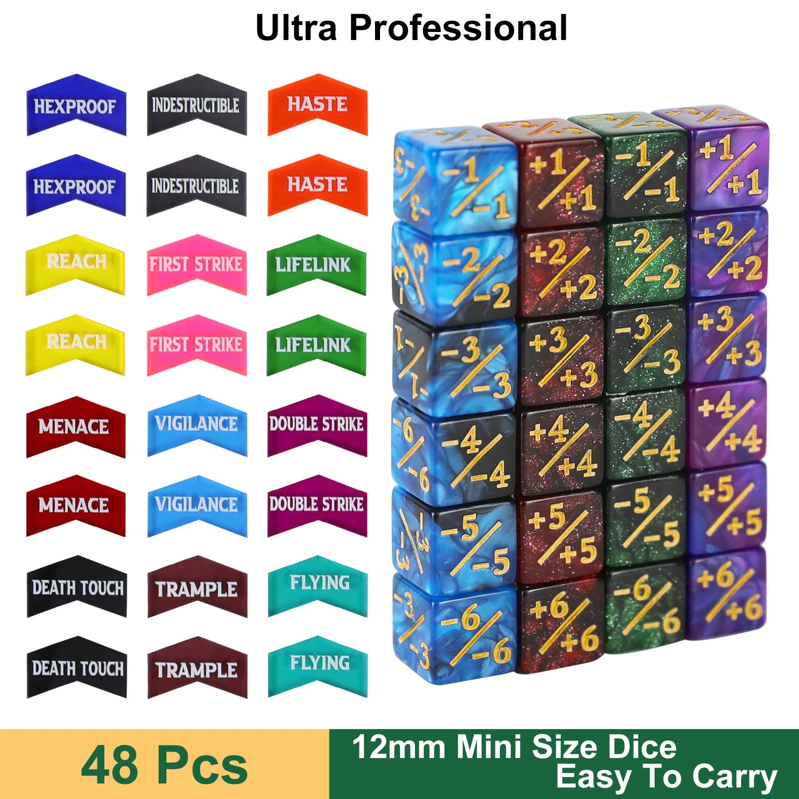 MTG Counter Dice Set Ability Keywords Creature Stats +1/+1 & -1/-1 Tokens 12mm For Wargaming 40k, MTG, Pokémon TCG, D&D-2