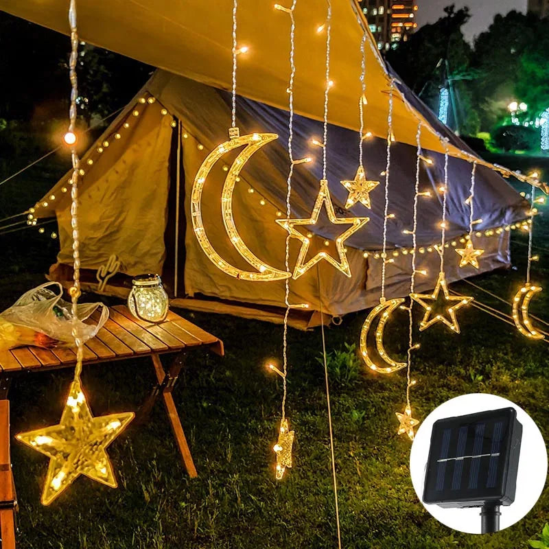 3.5M LED Star&Moon Curtain String Light Solar/ Battery Operated Hanging Fairy Garland With 8 Flashing Modes-17