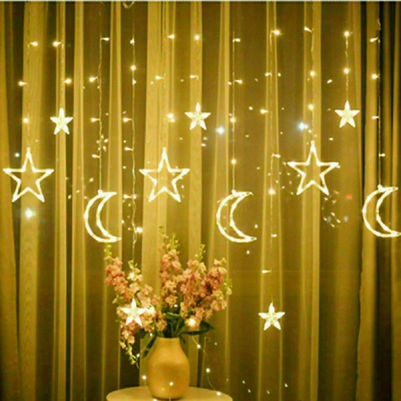 3.5M LED Star&Moon Curtain String Light Solar/ Battery Operated Hanging Fairy Garland With 8 Flashing Modes-10