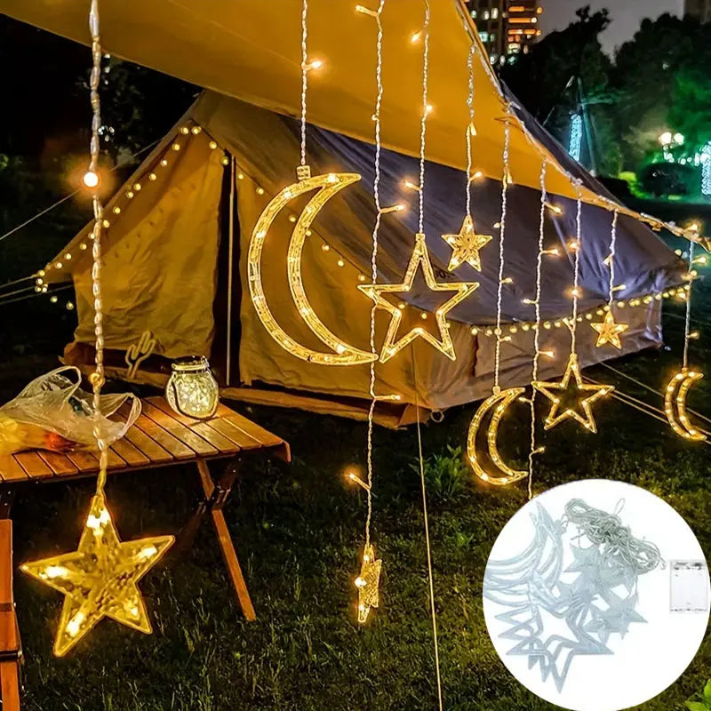 3.5M LED Star&Moon Curtain String Light Solar/ Battery Operated Hanging Fairy Garland With 8 Flashing Modes-16