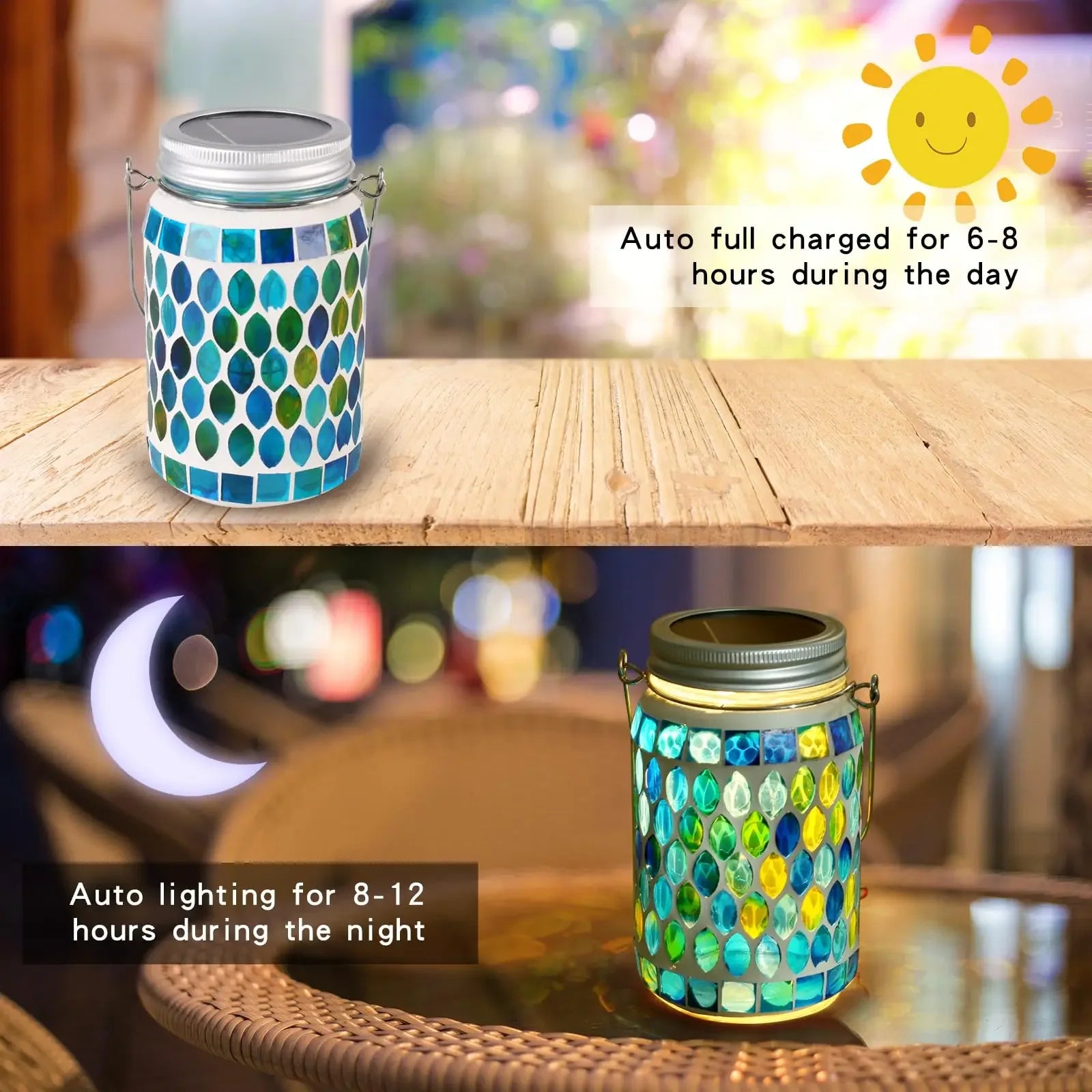 Solar Mosaic Lantern Hanging Mason Jar Glass Lights Outdoor Waterproof Table Lamp Decoration for Garden Patio Party Yard Balcony-8