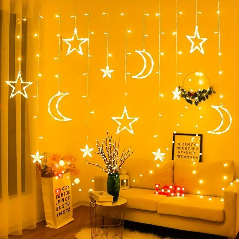 3.5M LED Star&Moon Curtain String Light Solar/ Battery Operated Hanging Fairy Garland With 8 Flashing Modes-12